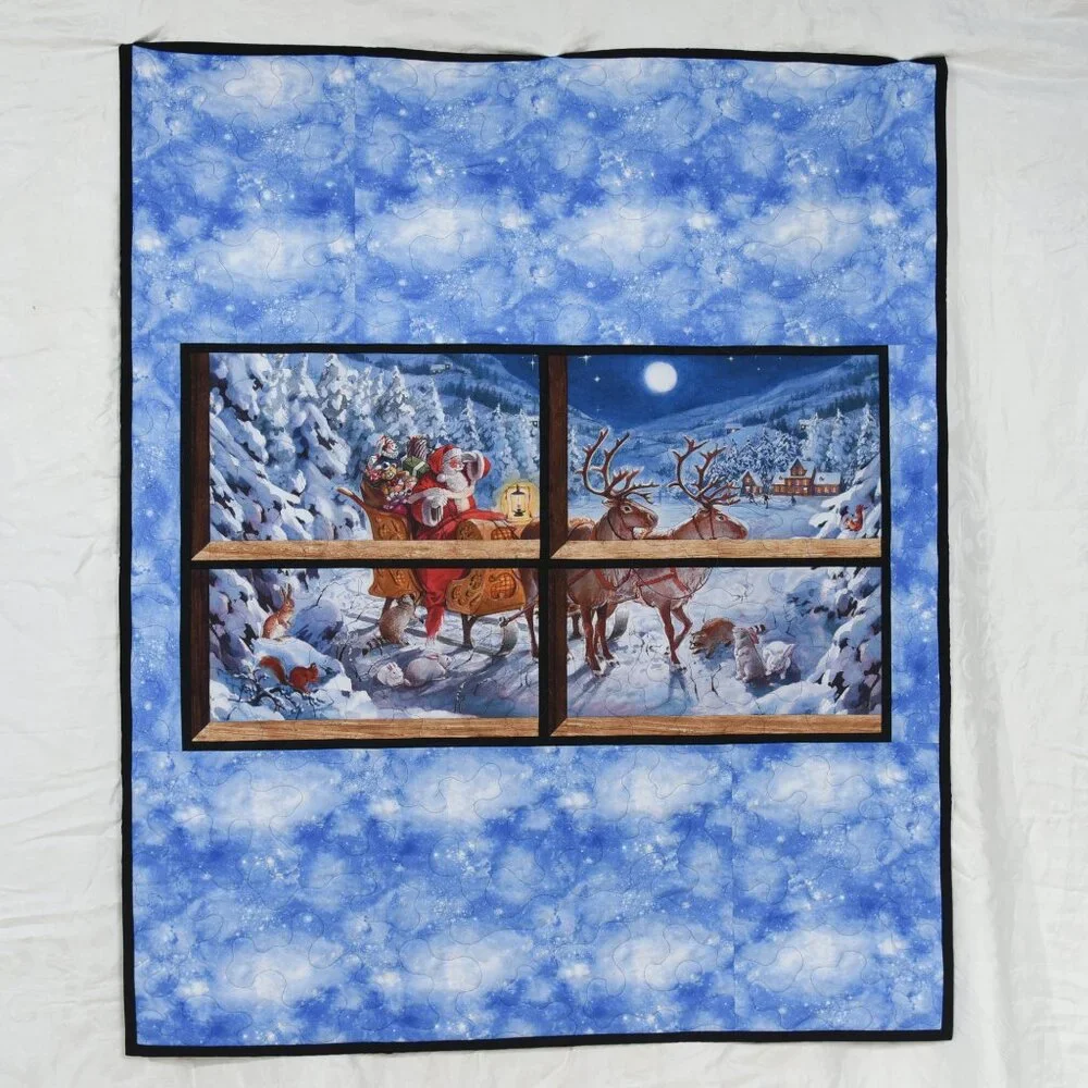 New, handmade throw Quilt, Santa & Reindeer out window 46